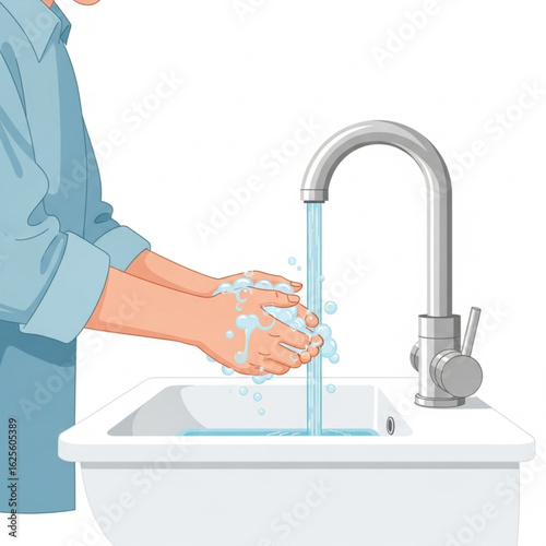 Person washing hands with soap under running water in a bathroom sink