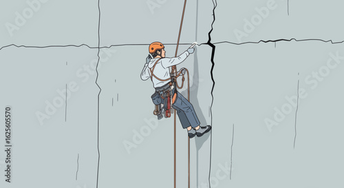 A climber rappels down a cracked grey wall with safety gear