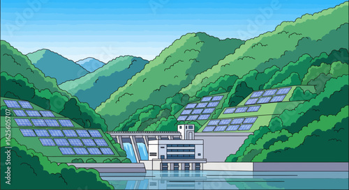 A dam sits near mountains solar panels spread on terraced slopes and reflected in water
