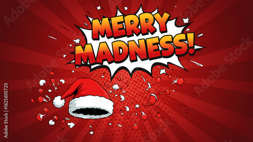 Merry madness comic book style christmas celebration with santa hat and festive elements