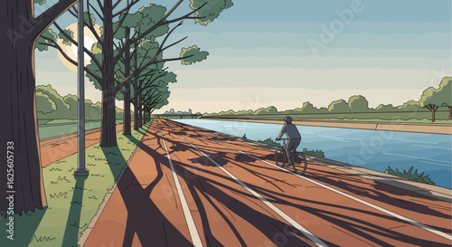 A cyclist rides on a path beside a canal lined with trees and shadows on a sunny day