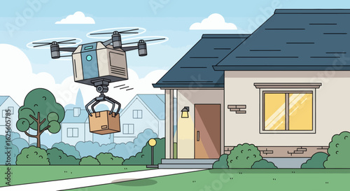 A drone delivers a package to a house in a suburban neighborhood on a clear day