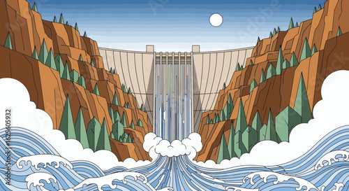 A landscape depicting a dam with rushing water flanked by mountains and forests with a moon overhead