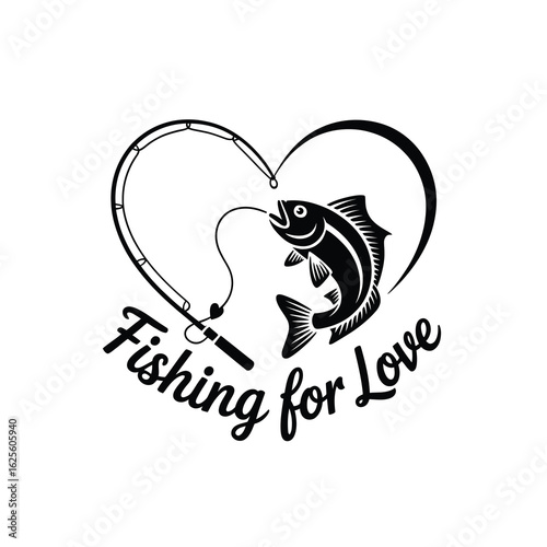 Heart shaped fishing rod and jumping fish silhouette isolated on white background