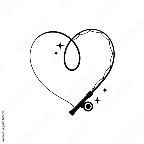 Fishing rod forming a heart shape silhouette isolated on white background