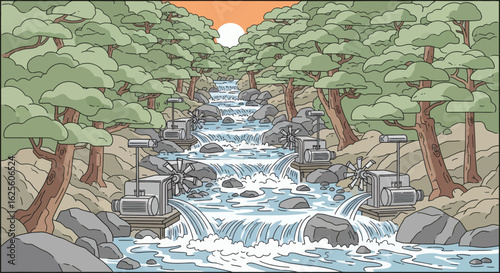 A river cascades between trees powering old machinery under a pale sun