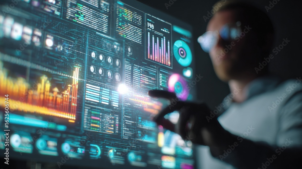 Fototapeta premium Data Analyst Interacting with Advanced Analytics Interface, Visualizing Complex Data Streams and Insights