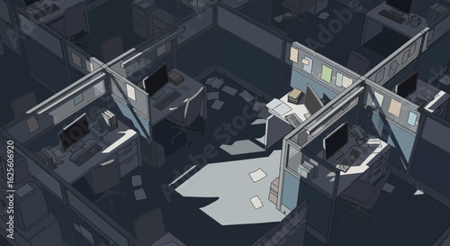 An office cubicle maze is bathed in light illuminating scattered papers and computer workstations in a desaturated palette