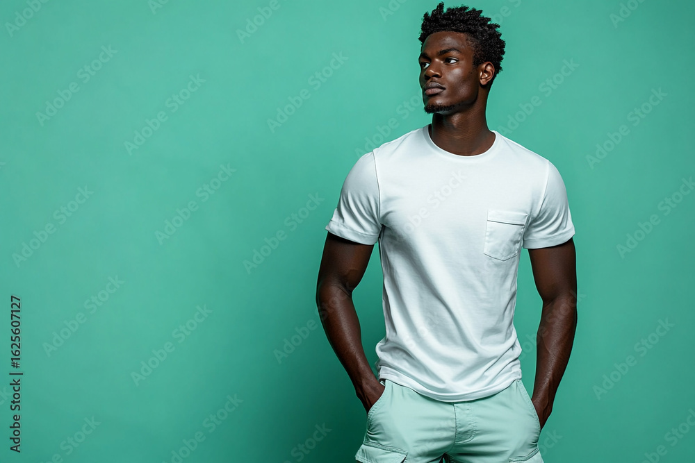 Fototapeta premium Modern man in a classic t-shirt and cargo shorts, posed against a solid mint green background, highlighting relaxed summer style.