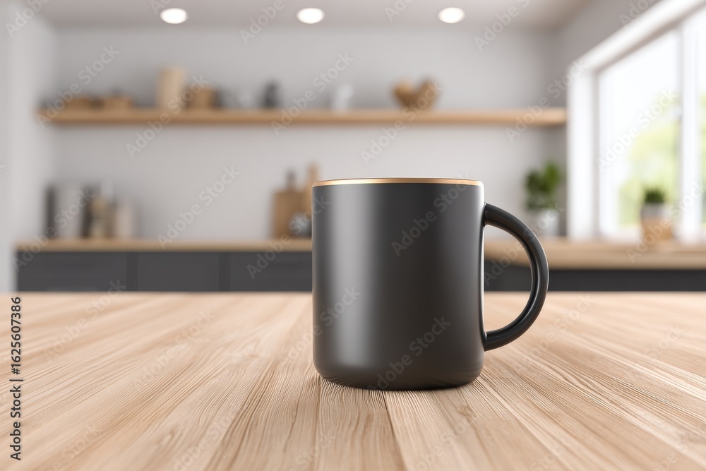 A dark cup sits elegantly on a wooden table in a modern cafe during the morning A dark cup sits elegantly on a wooden table in a modern cafe during the morning