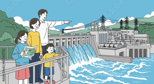 Family at dam man points mapholding girl boy looks water rushes power lines above mountains backdrop sunny sky