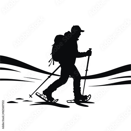 Silhouette of a person snowshoeing with poles isolated on white background silhouette