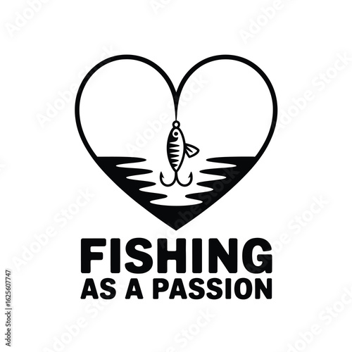 Fishing heart silhouette with lure and hook isolated on white background