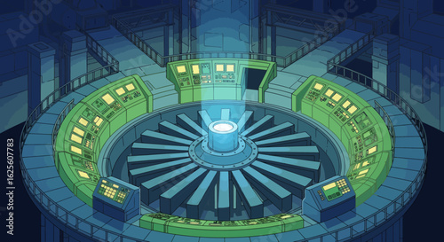 Futuristic control room with circular consoles surrounding a central power core