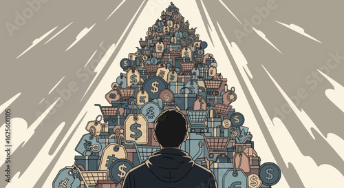 Man facing a large pyramid of shopping carts gifts  money symbols