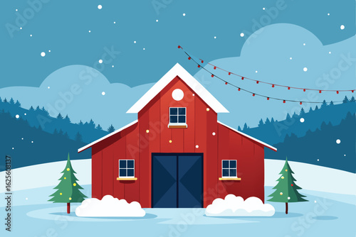 rustic barn decorated with wreaths and string ligh.eps