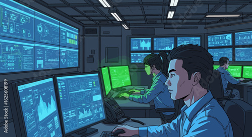 People monitor screens in a dark control room charts graphs and diagrams visible