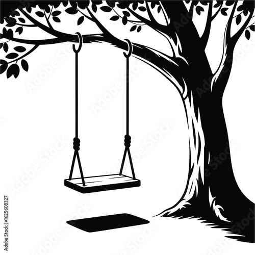 Tree with hanging swing and mat silhouette isolated on white background