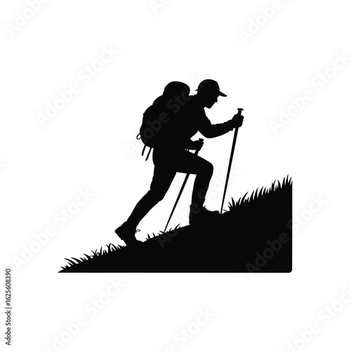 Silhouette of a hiker climbing a grassy hill with trekking poles isolated on white background silhouette