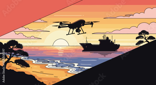 Pixel art sunset ocean scene a drone flies near a ship with beach and trees