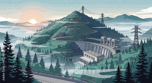 Pixel art of a dam and road winding up a mountain beneath a sunrise