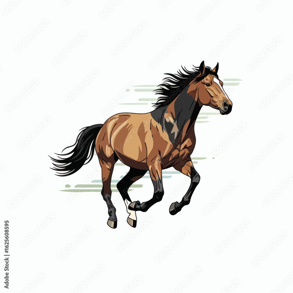 Naklejka premium Running chestnut horse with black mane tail on white background with green motion streaks