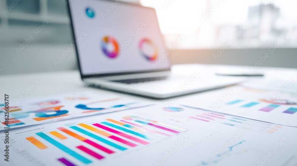 Fototapeta premium Data Analysis and Reporting: Charts, Graphs, and Laptop Displaying Business Insights for Financial Success