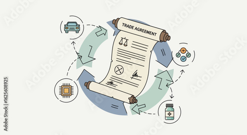 Trade agreement scroll surrounded by tech auto  pharmaceutical icons with arrows