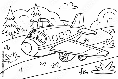 Vector Cartoon funny Airport Shuttle, funny image in the forest, Coloring book page for children. Line Art isolated on white background