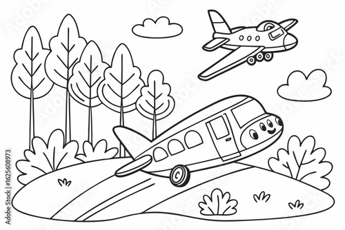 Vector Cartoon funny Airport Shuttle, funny image in the forest, Coloring book page for children. Line Art isolated on white background