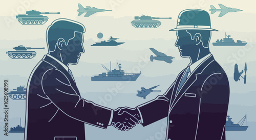 Two silhouetted men in suits shake hands with tanks planes and ships in the background