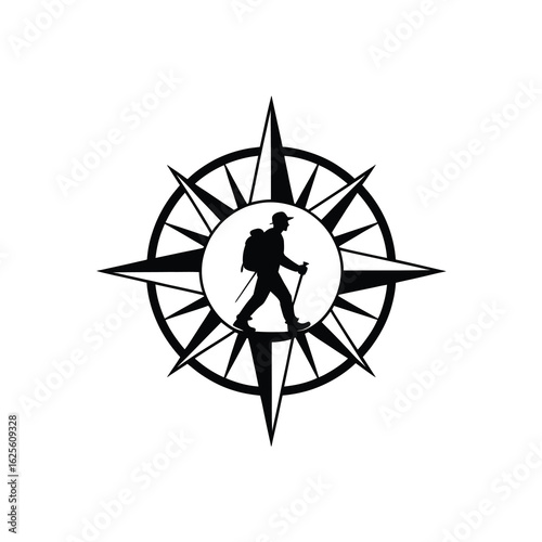 Silhouette hiker with backpack and trekking poles on a compass isolated on white background silhouette