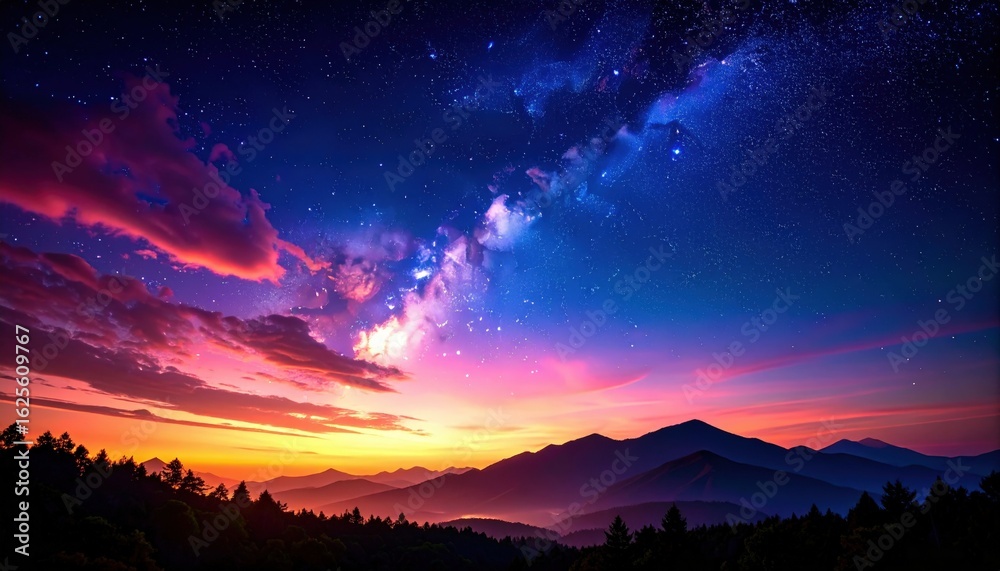 Naklejka premium Stunning Milky Way Sunrise Over Mountains
