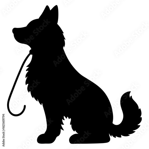 A black silhouette of a fluffy dog sitting patiently with a leash isolated on transparent background silhouette