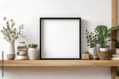 A black square frame set in a stylish interior arrangement with a small plant pot and home accessories. Ideal for mockups, interior design, and decor inspiration.

