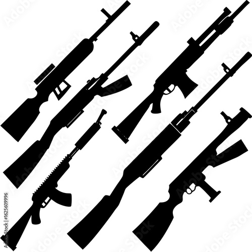 Collection of various rifle and shotgun silhouettes isolated on transparent background