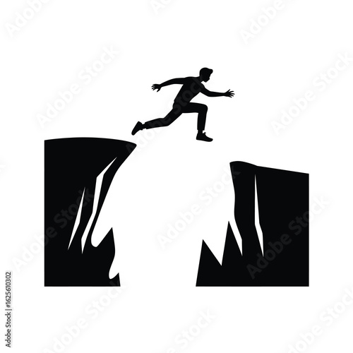 Man jumping across a gap silhouette isolated on white background