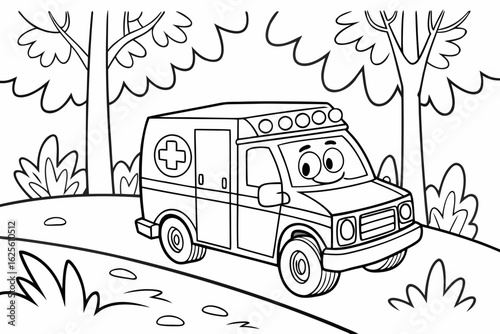 Vector Cartoon funny Ambulance, funny image in the forest, Coloring book page for children. Line Art isolated on white background