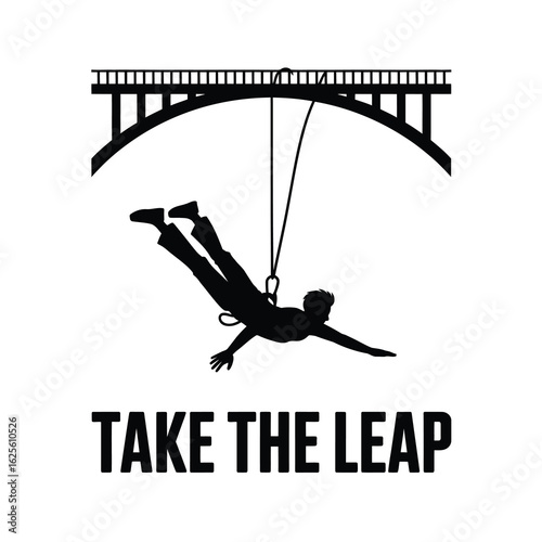 Bungee jumper falling from bridge silhouette isolated on white background