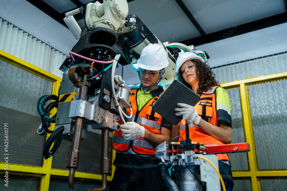 Fototapeta premium Two people are working on a machine. Diverse team of male and female engineers collaborating on the maintenance and programming of a welding robot in a factory.