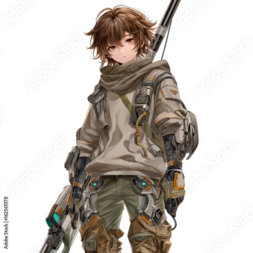 Anime-Charakter eines jungen Kämpfers in futuristischem Survival-Outfit – Zeichnung mit braunen Haaren, Schal und Katana