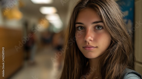 Middle school girl with brown hair standing in a school hallway
