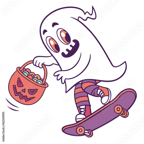 A cartoon ghost skateboarding down a road at night holding a jack o lantern bucket filled with candy