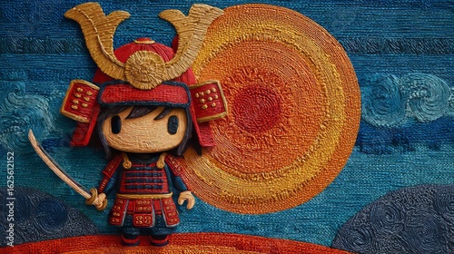 Niedliche Samurai-Figur im japanischen Spielzeugstil mit rotem Helm und stilisiertem Hintergrund