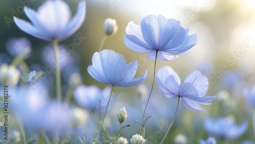 Ethereal field of delicate light blue flowers basking in the soft golden glow of morning sunlight.