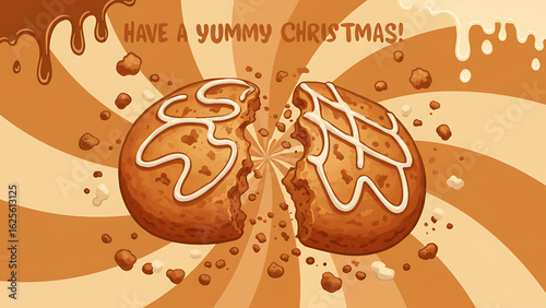 Deliciously cracked christmas cookie with white icing and chocolate drizzles on a warm brown sunburst background with scattered cookie crumbs