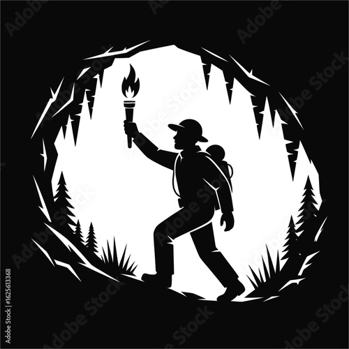Explorer with torch in cave silhouette isolated on white background