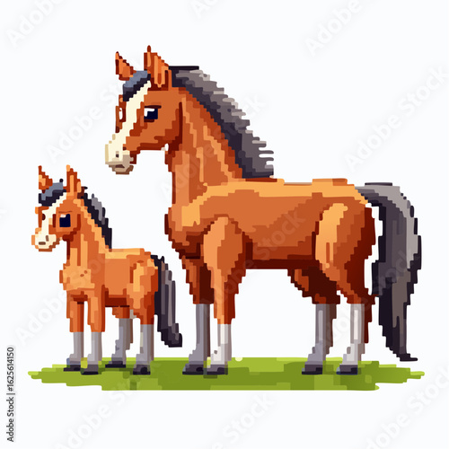 Pixelated horse and foal depicted in a simple pixel art style illustration