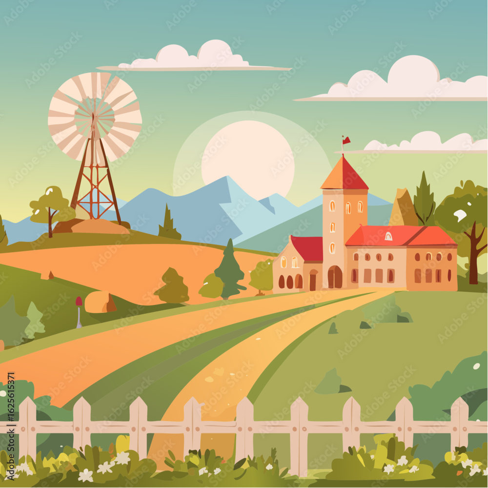 Fototapeta premium Idyllic countryside landscape with windmill, farm, mountains, and scenic fence