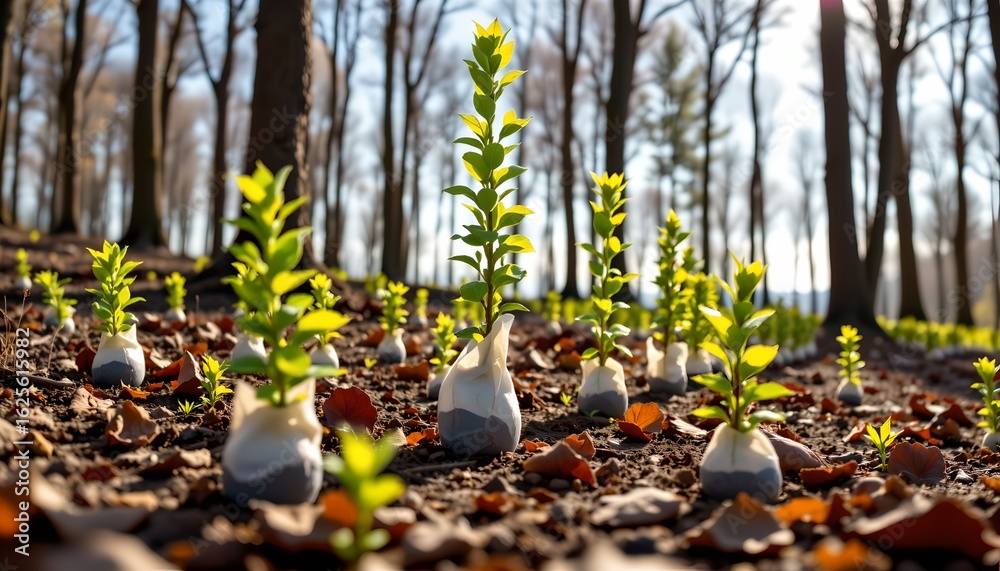 Obraz premium a tranquil scene of a field with small trees that have been recently planted